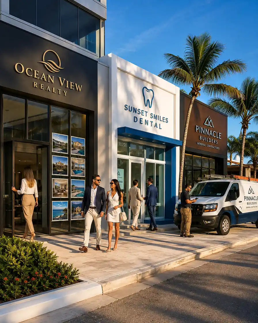Modern Miami business strip with a real estate office, a dental clinic and a general contractor