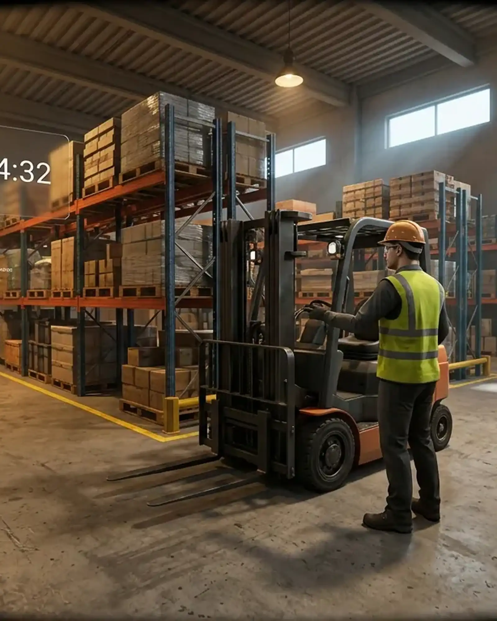 View inside a VR headset during a forklift safety lesson in a warehouse