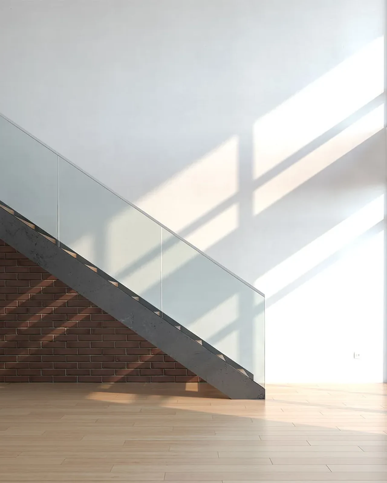 Architectural render of a double height room with a glass stair and brick wall
